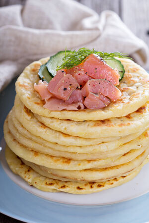 Scandinavian potato pancakes with salmonの写真素材