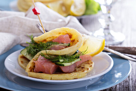 Scandinavian potato pancakes with salmonの写真素材