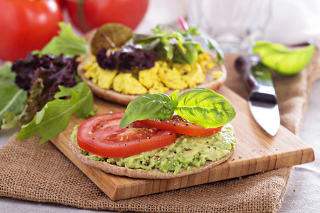 Vegan sandwich with avocado, vegetables and scrambled tofuの写真素材