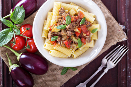 Rigatone with eggplant bolognese sauce healthy and deliciousの写真素材