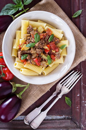 Rigatone with eggplant bolognese sauce healthy and deliciousの写真素材