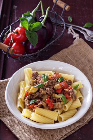 Rigatone with eggplant bolognese sauce healthy and deliciousの写真素材