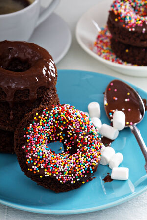 Stack of homemade baked chocolate donutsの写真素材