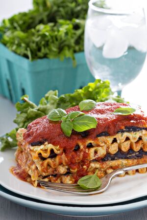 Vegan lasagna with tomato sauce, eggplant and tofuの写真素材