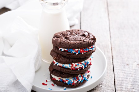 Chocolate sandwich cookies with creamy filling and milk
