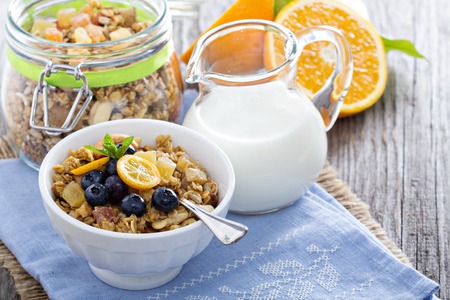 Homemade granola in a bowl with yogurt and berriesの写真素材