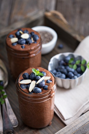Healthy vegan chocolate chia pudding in jarsの写真素材
