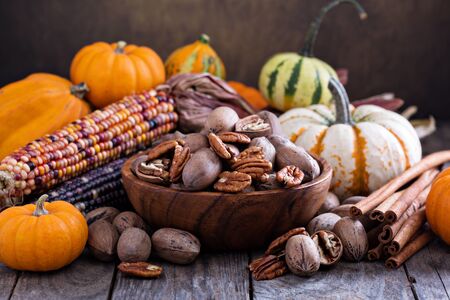 Pumpkins, nuts, indian corn and variety of squash on a rustic table