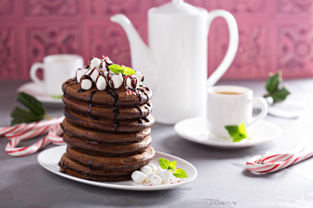 Chocolate mint christmas pancakes with coffee and candy canesの写真素材