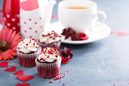 Red velvet cupcakes with decorations for Valentines dayの写真素材