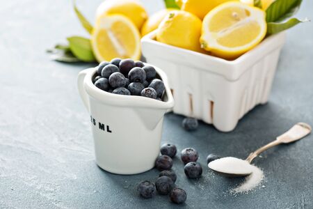 Summer cooking and baking with lemons and blueberryの写真素材