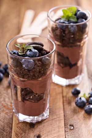 Chocolate pudding parfait mud pie with cookie crumbs and blueberryの写真素材