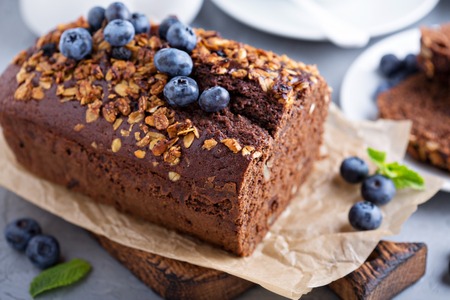 Chocolate whole wheat quick bread with nuts and fresh blueberryの写真素材