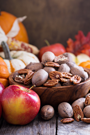 Fall harvest concept - nuts, apple, spices and pumpkinsの写真素材