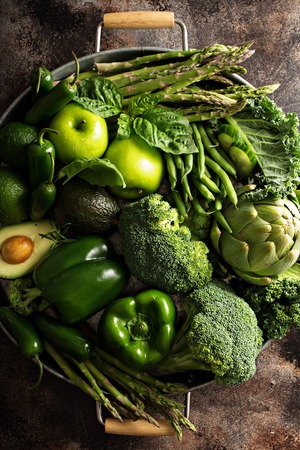Variety of green vegetables and fruitsの写真素材