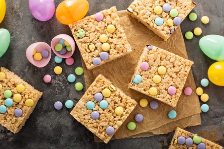 Rice krispies treats with pastel colored candy for Easter