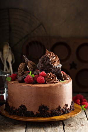 Chocolate cake with ganache frosting and raspberryの写真素材