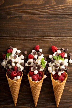 Ingrediens for smores dessert in a waffle coneの写真素材