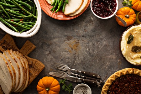 Thanksgiving table overhead shotの写真素材