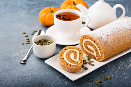 Pumpkin roll with cream cheese frostingの写真素材