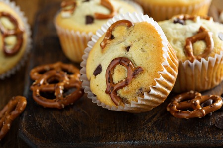 Chocolate chip and pretzel muffinsの写真素材