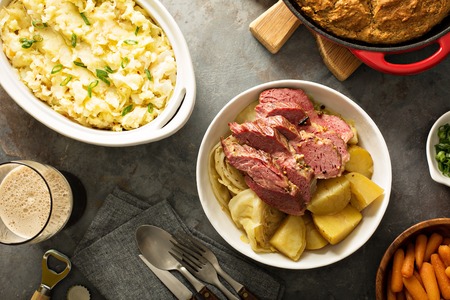 Traditional Irish dinner with corned beef and colcannonの写真素材