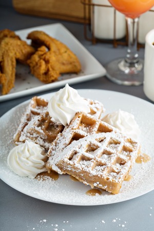 French toast cinnamon waffles with fried chickenの写真素材