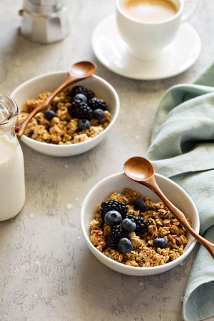 Granola with fresh berries for breakfastの写真素材