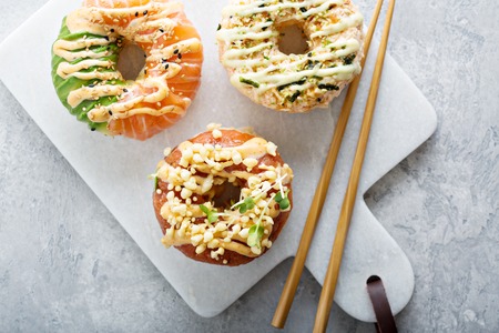 Sushi donuts with tuna and salmonの写真素材