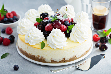 Classic New York cheesecake decorated with whipped creamの写真素材