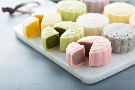 Snow skin sweet and savory traditional Chinese mooncakesの写真素材