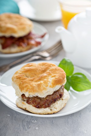 Breakfast biscuits with sausage and baconの写真素材