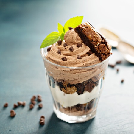 Chocolate trifle dessert in a glassの写真素材