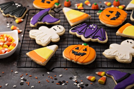 Halloween cookies decorated with royal icingの写真素材