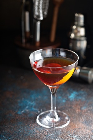 Fall whiskey cocktail with orange zestの写真素材