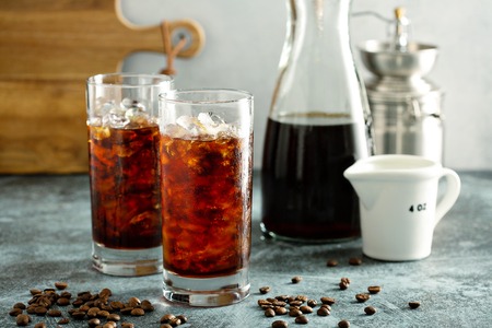 Cold brew iced coffee in tall glassesの写真素材