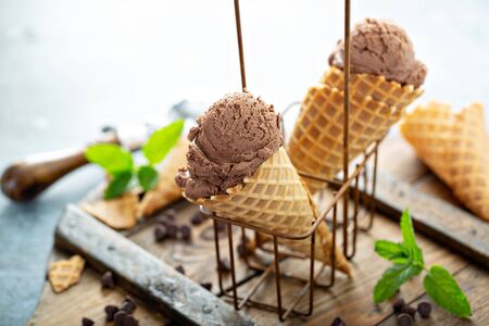 Chocolate mint ice cream in waffle cones