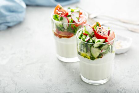 Fresh appetizer idea, yogurt and salad cupsの写真素材