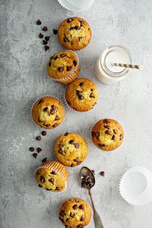 Chocolate chip muffins with milkの写真素材