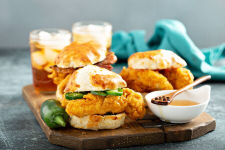 Breakfast biscuit sandwiches with fried chickenの写真素材