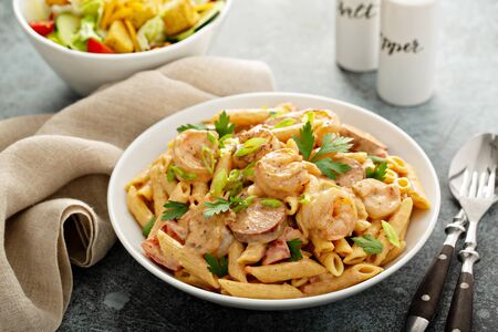 Cajun shrimp and sausage pastaの写真素材