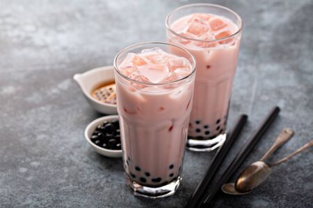 Homemade strawberry milk bubble tea with tapiocaの写真素材