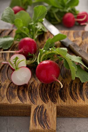 Cooking with radishes, fresh radish with leaves on a cutting boardの写真素材