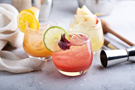 Winter and fall cocktails with apples, oranges and dried hibiscus