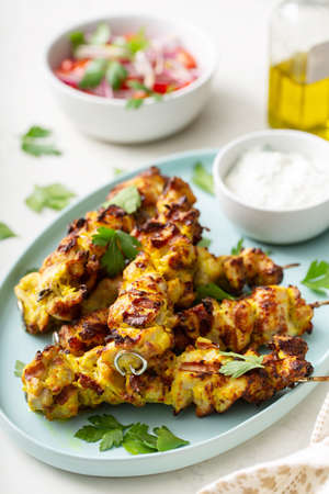 Chicken kebab with tzatziki sauceの写真素材