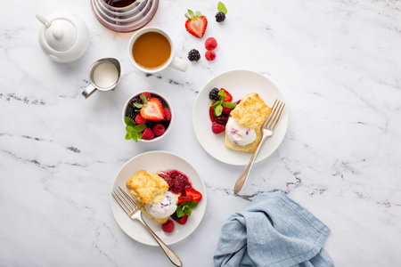 Shortcake ice cream sandwiches with fresh berriesの写真素材