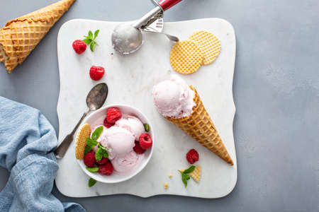 Raspberry ice cream in a bowl and conw with fresh berriesの写真素材