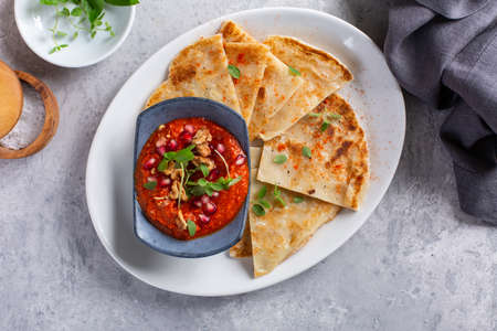 Muhammara, roasted bell pepper spread, served with rotiの写真素材