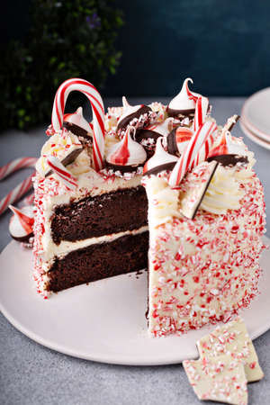 Peppermint bark and chocolate cake for Christmas on a festive backgroundの写真素材