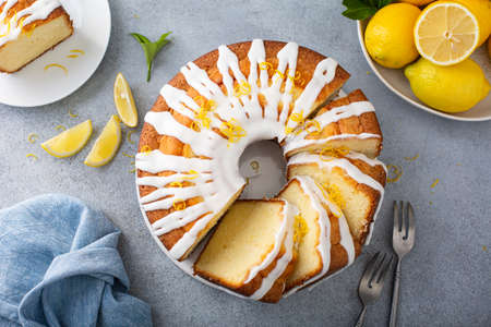 Lemon pound cake with powder sugar glazeの写真素材